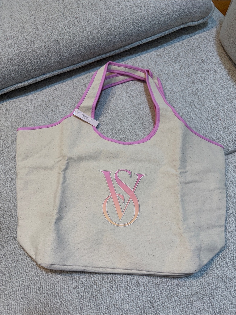 Victoria's Secret Cream Canvas Tote with Pink Trim and Gradient VS Logo